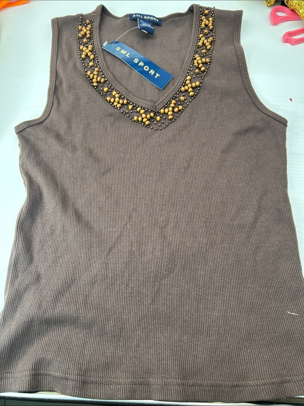 SML Sport Brown Sleeveless V-Neck Tank with Gold Bead Trim